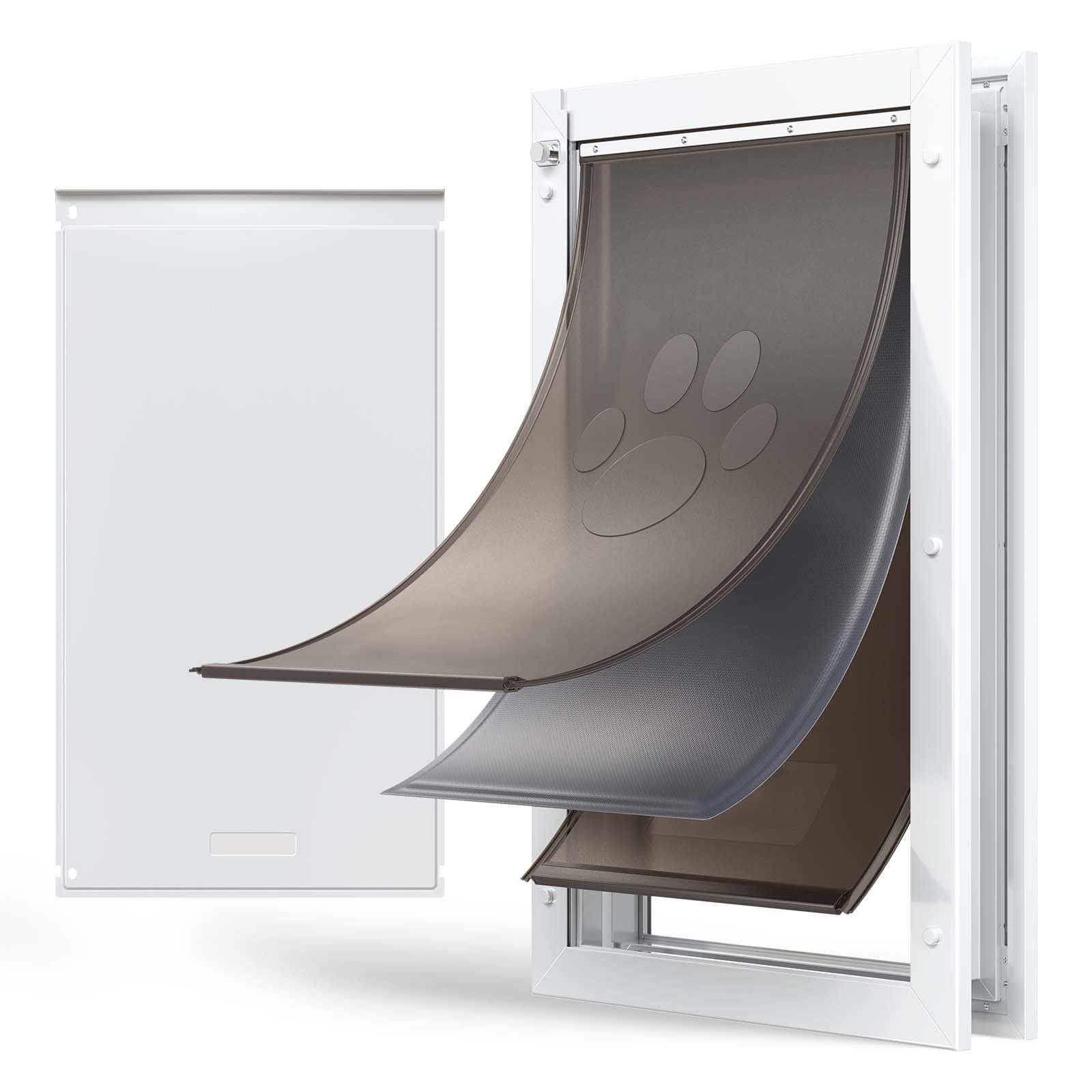 pet door, x large, with three magnetic flaps and metal frame, strong and weatherproof dog door for interior and exterior doors, easy to install, easy in and out access for doggies, white