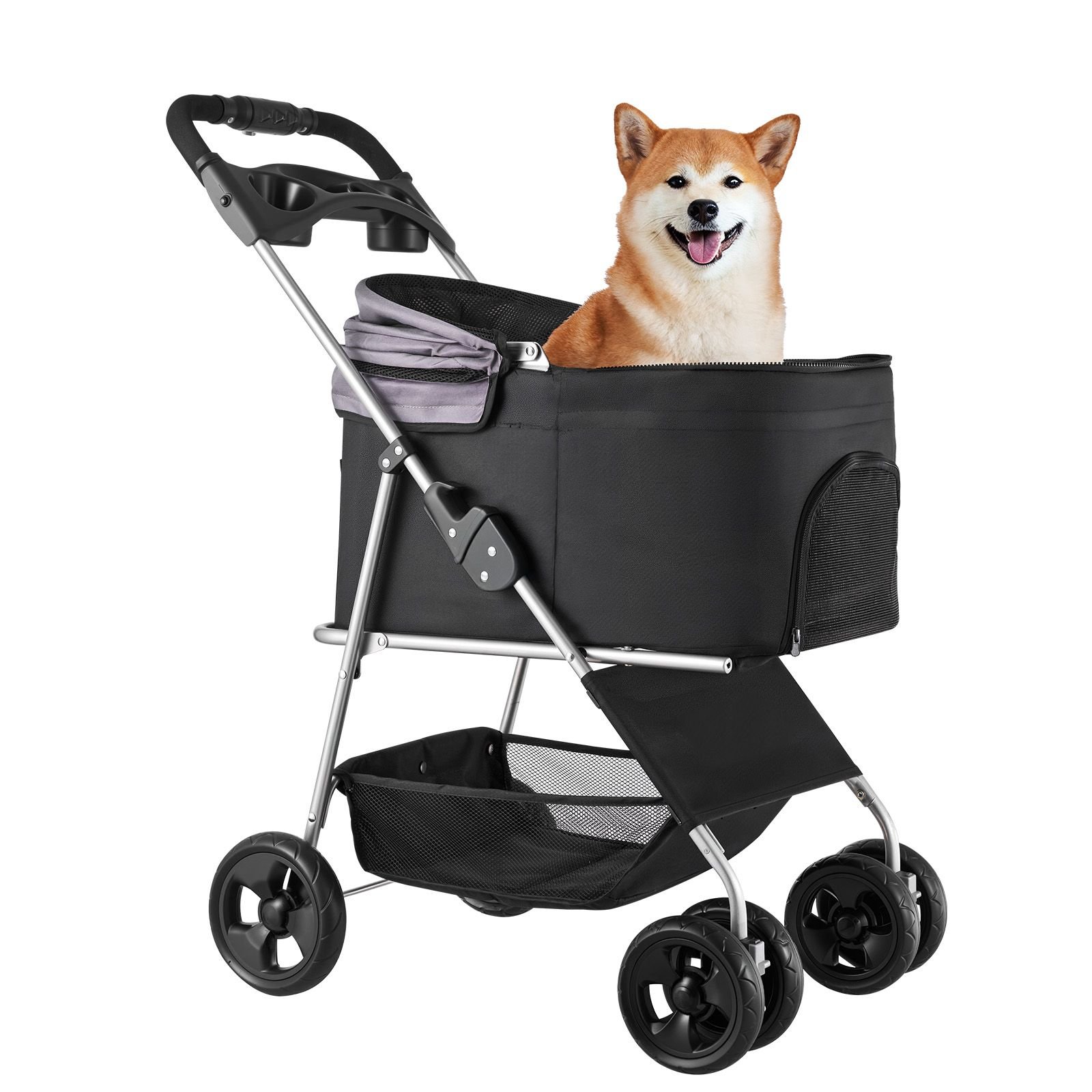 pet stroller, 35 lbs weight capacity, foldable dog stroller cart, 4 wheels cats pram with detachable carrier & mesh windows, portable animal carrier with brake for small to medium pets