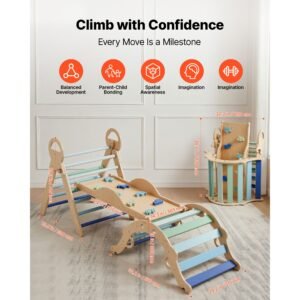 pikler triangle set, 9 in 1 toddler climbing toys indoor, with 2 wooden cars, cushion, triangle, arch, and ramp, 150 lbs load, foldable montessori climbing set for toddlers and kids, blue