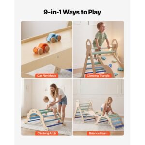 pikler triangle set, 9 in 1 toddler climbing toys indoor, with 2 wooden cars, cushion, triangle, arch, and ramp, 150 lbs load, foldable montessori climbing set for toddlers and kids, blue