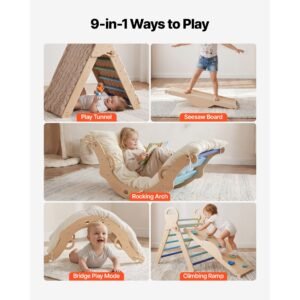 pikler triangle set, 9 in 1 toddler climbing toys indoor, with 2 wooden cars, cushion, triangle, arch, and ramp, 150 lbs load, foldable montessori climbing set for toddlers and kids, blue