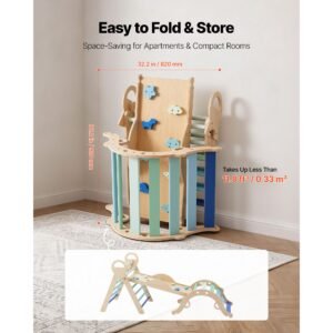 pikler triangle set, 9 in 1 toddler climbing toys indoor, with 2 wooden cars, cushion, triangle, arch, and ramp, 150 lbs load, foldable montessori climbing set for toddlers and kids, blue