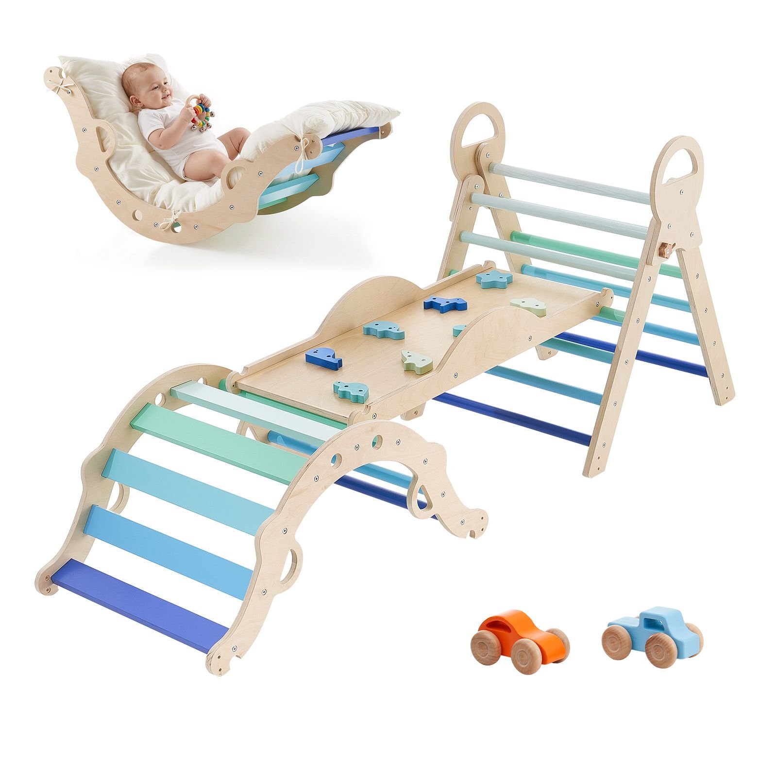 pikler triangle set, 9 in 1 toddler climbing toys indoor, with 2 wooden cars, cushion, triangle, arch, and ramp, 150 lbs load, foldable montessori climbing set for toddlers and kids, blue