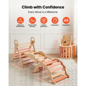 pikler triangle set, 9 in 1 toddler climbing toys indoor, with 2 wooden cars, cushion, triangle, arch, and ramp, 150 lbs load, foldable montessori climbing set for toddlers and kids, orange