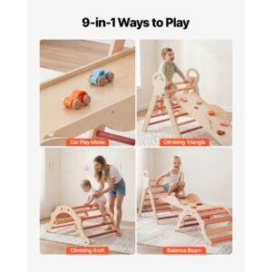 pikler triangle set, 9 in 1 toddler climbing toys indoor, with 2 wooden cars, cushion, triangle, arch, and ramp, 150 lbs load, foldable montessori climbing set for toddlers and kids, orange