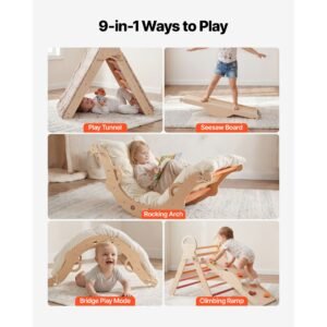 pikler triangle set, 9 in 1 toddler climbing toys indoor, with 2 wooden cars, cushion, triangle, arch, and ramp, 150 lbs load, foldable montessori climbing set for toddlers and kids, orange