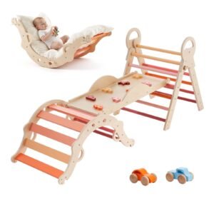 Pikler Triangle Set, 9-in-1 Toddler Climbing Toys Indoor, with 2 Wooden Cars, Cushion, Triangle, Arch, and Ramp, 150 lbs Load, Foldable Montessori Climbing Set for Toddlers and Kids, Orange
