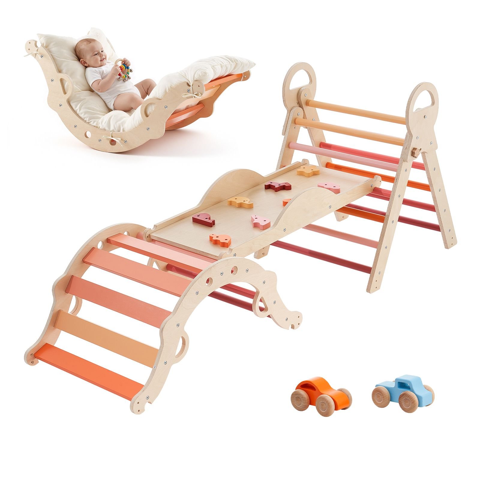 pikler triangle set, 9 in 1 toddler climbing toys indoor, with 2 wooden cars, cushion, triangle, arch, and ramp, 150 lbs load, foldable montessori climbing set for toddlers and kids, orange