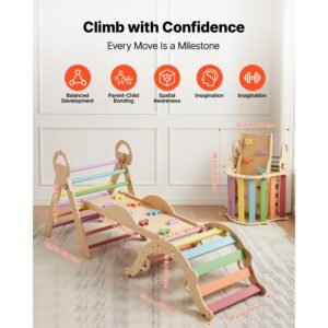 pikler triangle set, 9 in 1 toddler climbing toys indoor, with 2 wooden cars, cushion, triangle, arch, and ramp, 150 lbs load, foldable montessori climbing set for toddlers and kids, rainbow