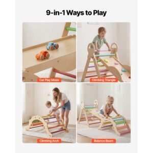 pikler triangle set, 9 in 1 toddler climbing toys indoor, with 2 wooden cars, cushion, triangle, arch, and ramp, 150 lbs load, foldable montessori climbing set for toddlers and kids, rainbow