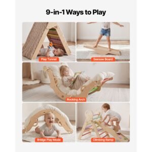 pikler triangle set, 9 in 1 toddler climbing toys indoor, with 2 wooden cars, cushion, triangle, arch, and ramp, 150 lbs load, foldable montessori climbing set for toddlers and kids, rainbow