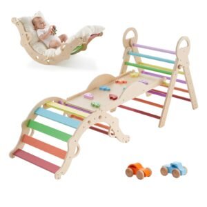 Pikler Triangle Set, 9-in-1 Toddler Climbing Toys Indoor, with 2 Wooden Cars, Cushion, Triangle, Arch, and Ramp, 150 lbs Load, Foldable Montessori Climbing Set for Toddlers and Kids, Rainbow