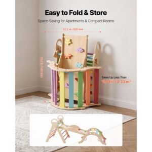 pikler triangle set, 9 in 1 toddler climbing toys indoor, with 2 wooden cars, cushion, triangle, arch, and ramp, 150 lbs load, foldable montessori climbing set for toddlers and kids, rainbow