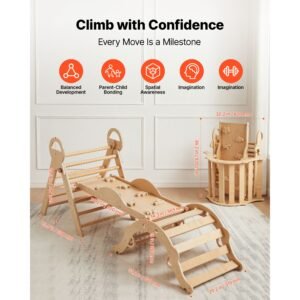 pikler triangle set, 9 in 1 toddler climbing toys indoor, with 2 wooden cars, cushion, triangle, arch, and ramp, 150 lbs load, foldable montessori climbing set for toddlers and kids, wood color