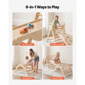 pikler triangle set, 9 in 1 toddler climbing toys indoor, with 2 wooden cars, cushion, triangle, arch, and ramp, 150 lbs load, foldable montessori climbing set for toddlers and kids, wood color
