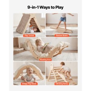 pikler triangle set, 9 in 1 toddler climbing toys indoor, with 2 wooden cars, cushion, triangle, arch, and ramp, 150 lbs load, foldable montessori climbing set for toddlers and kids, wood color