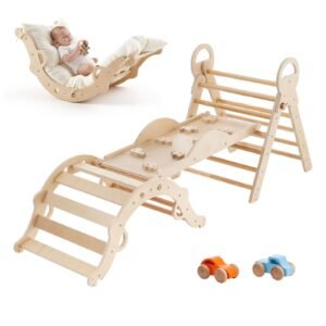 Pikler Triangle Set, 9-in-1 Toddler Climbing Toys Indoor, with 2 Wooden Cars, Cushion, Triangle, Arch, and Ramp, 150 lbs Load, Foldable Montessori Climbing Set for Toddlers and Kids, Wood Color