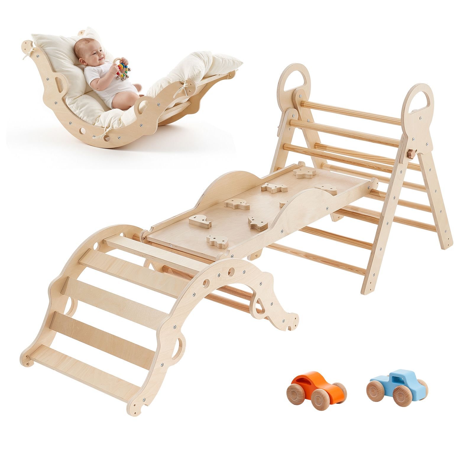 pikler triangle set, 9 in 1 toddler climbing toys indoor, with 2 wooden cars, cushion, triangle, arch, and ramp, 150 lbs load, foldable montessori climbing set for toddlers and kids, wood color