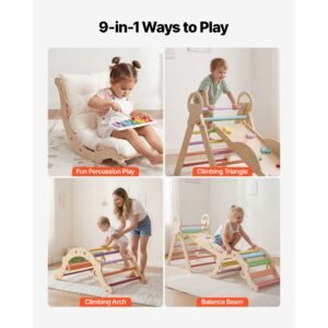 pikler triangle set, 9 in 1 toddler climbing toys indoor, with xylophone, cushion, triangle, arch, and ramp, 150 lbs load, foldable montessori climbing set for toddlers and kids, rainbow