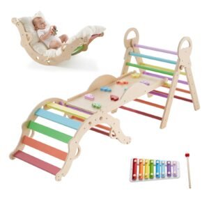 Pikler Triangle Set, 9-in-1 Toddler Climbing Toys Indoor, with Xylophone, Cushion, Triangle, Arch, and Ramp, 150 lbs Load, Foldable Montessori Climbing Set for Toddlers and Kids, Rainbow