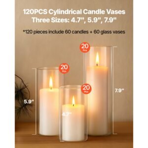 pillar candles and glass vases set 120 pcs, clear cylinder hurricane candle holders for wedding centerpieces, tall vase for table decor, wedding party,thanksgiving,white (2.56" x 4.7",5.9",7.9")