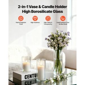 pillar candles and glass vases set 24 pcs, clear cylinder hurricane candle holders for wedding centerpieces, tall vase for table decor, wedding party, thanksgiving,white (2.56" x 4.7",5.9",7.9")