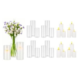 Pillar Candles and Glass Vases Set 24 Pcs, Clear Cylinder Hurricane Candle Holders for Wedding Centerpieces, Tall Vase for Table Decor, Wedding Party, Thanksgiving,White (2.56" x 4.7",5.9",7.9")