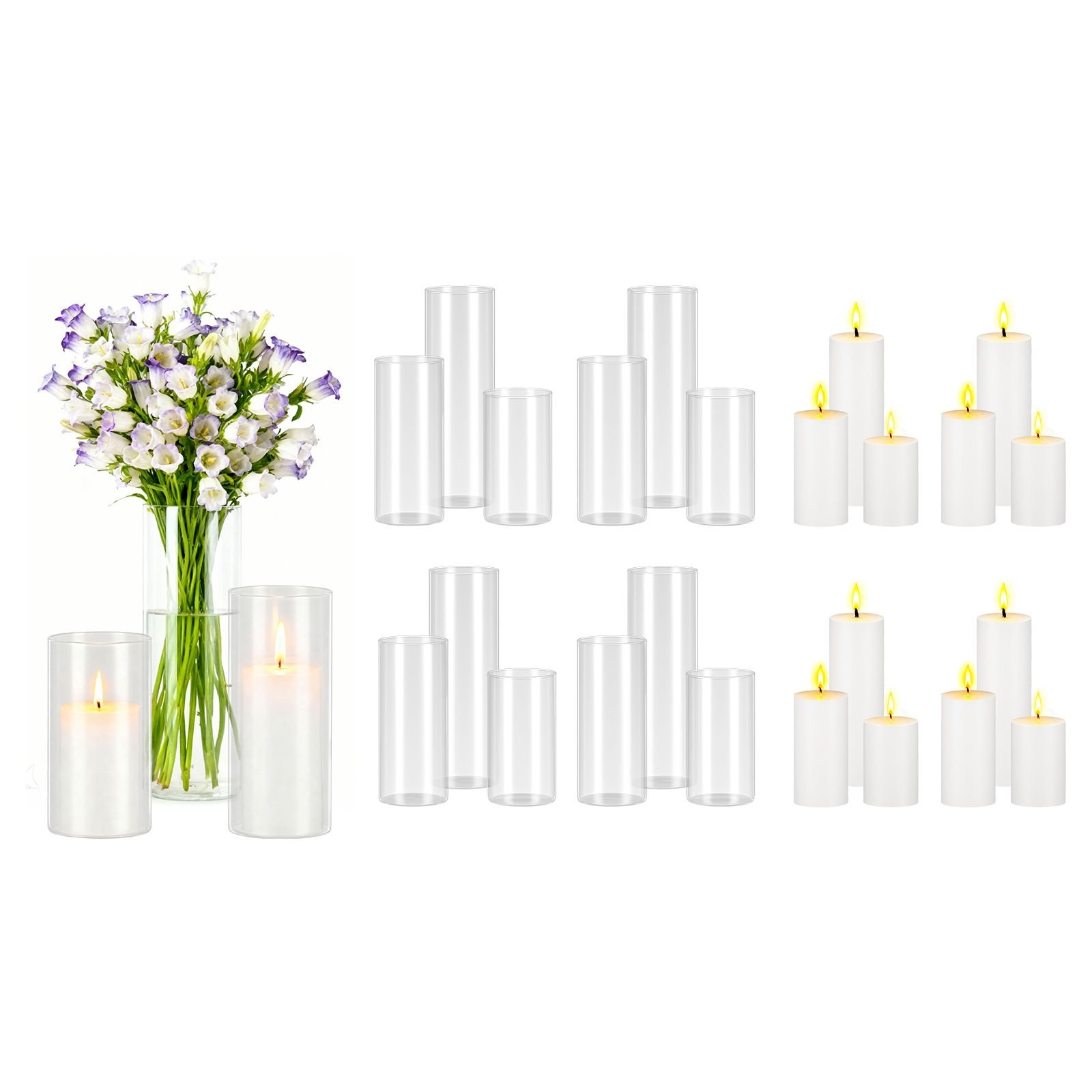 pillar candles and glass vases set 24 pcs, clear cylinder hurricane candle holders for wedding centerpieces, tall vase for table decor, wedding party, thanksgiving,white (2.56" x 4.7",5.9",7.9")
