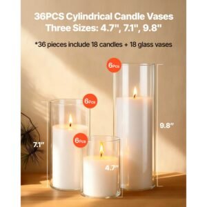pillar candles and glass vases set 36 pcs, clear cylinder hurricane candle holders for wedding centerpieces, tall vase for table decor, wedding party, thanksgiving, white (3.4" x 4.7",7.1",9.8")