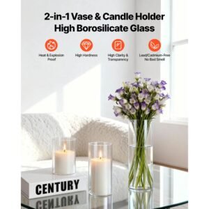 pillar candles and glass vases set 36 pcs, clear cylinder hurricane candle holders for wedding centerpieces, tall vase for table decor, wedding party, thanksgiving, white (3.4" x 4.7",7.1",9.8")