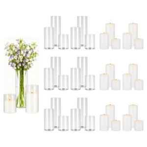 Pillar Candles and Glass Vases Set 36 Pcs, Clear Cylinder Hurricane Candle Holders for Wedding Centerpieces, Tall Vase for Table Decor, Wedding Party, Thanksgiving, White (3.4" x 4.7",7.1",9.8")