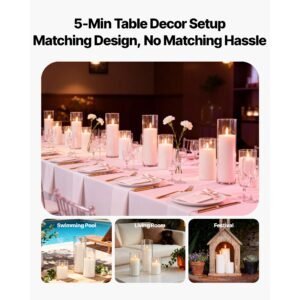 pillar candles and glass vases set 36 pcs, clear cylinder hurricane candle holders for wedding centerpieces, tall vase for table decor, wedding party, thanksgiving, white (3.4" x 4.7",7.1",9.8")