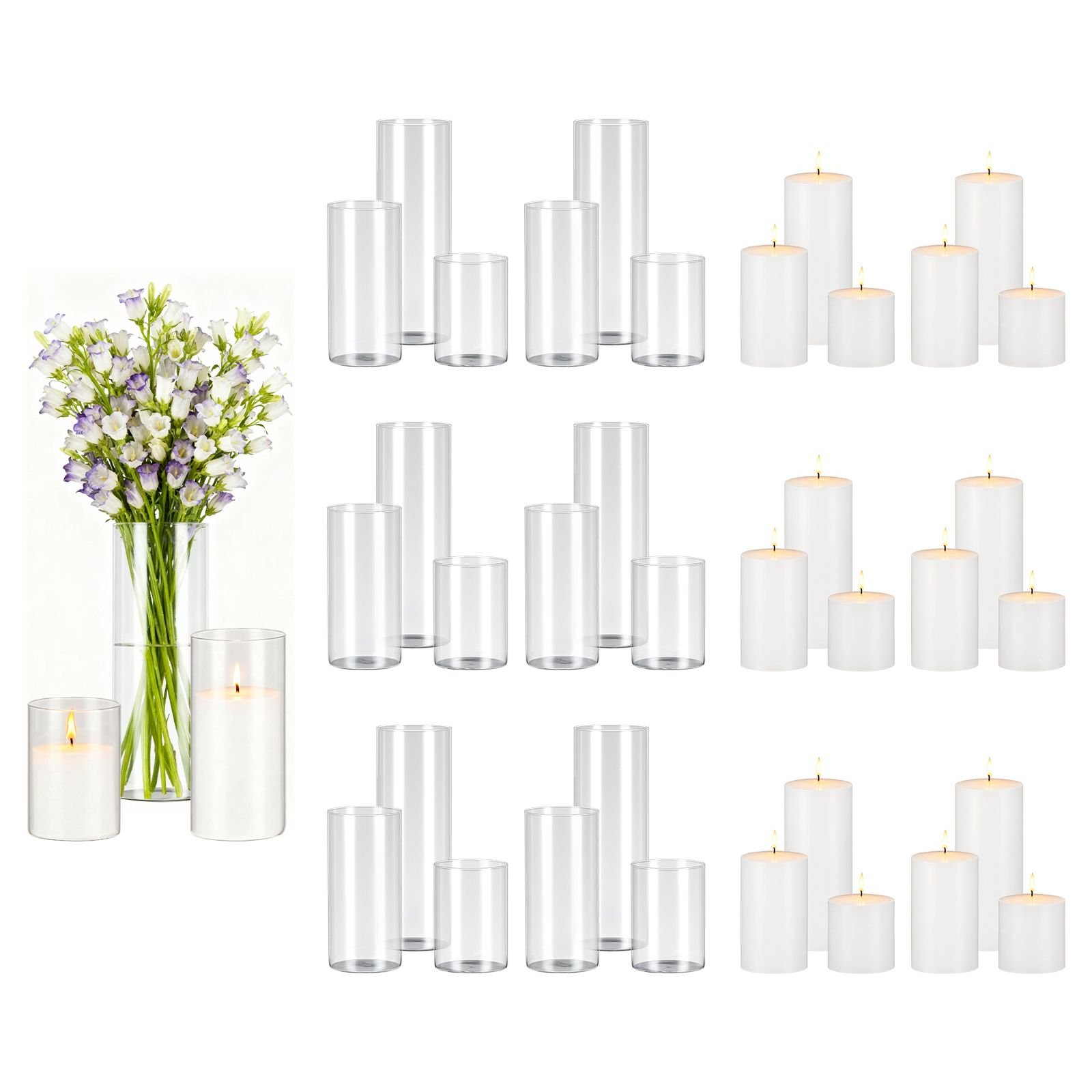 pillar candles and glass vases set 36 pcs, clear cylinder hurricane candle holders for wedding centerpieces, tall vase for table decor, wedding party, thanksgiving, white (3.4" x 4.7",7.1",9.8")