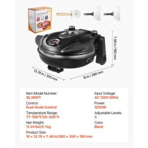 pizza oven, 12 in electric pizza maker, 1200w electric pizzas cooker with cordierite stone, 5 mode temperature control, viewing window for precise cooking, heats up to 788 ˚f, for home (black)
