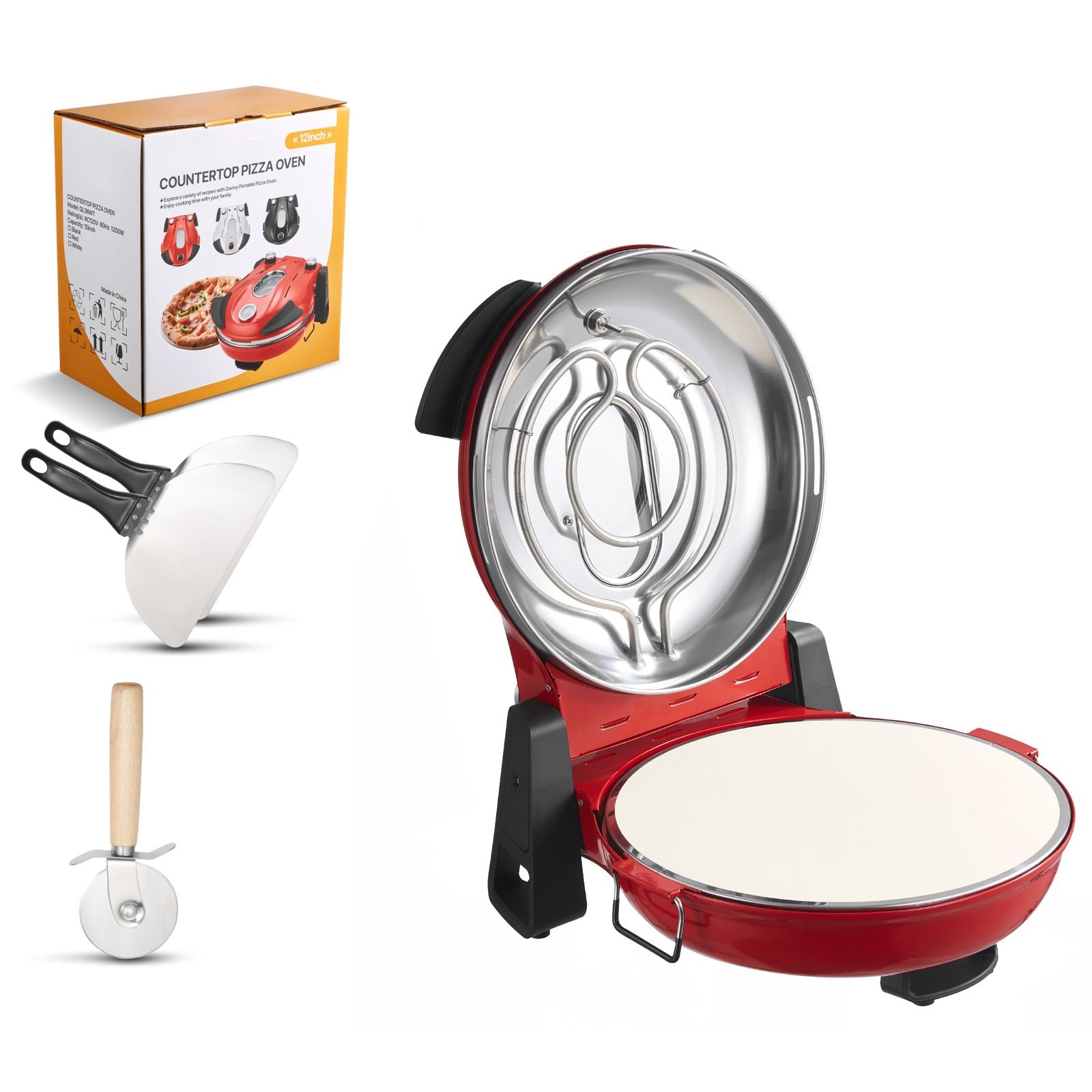pizza oven, 12 in electric pizza maker, 1200w electric pizzas cooker with cordierite stone, 5 mode temperature control, viewing window for precise cooking, heats up to 788 ˚f, for home (red)