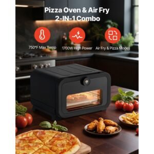 pizza oven, 8 presets electric pizza ovens air fry combo, 12 inch indoor pizza maker smart knob control , 750 fahrenheit max temp, ipx4 waterproof countertop pizza cooker w/pizza stone