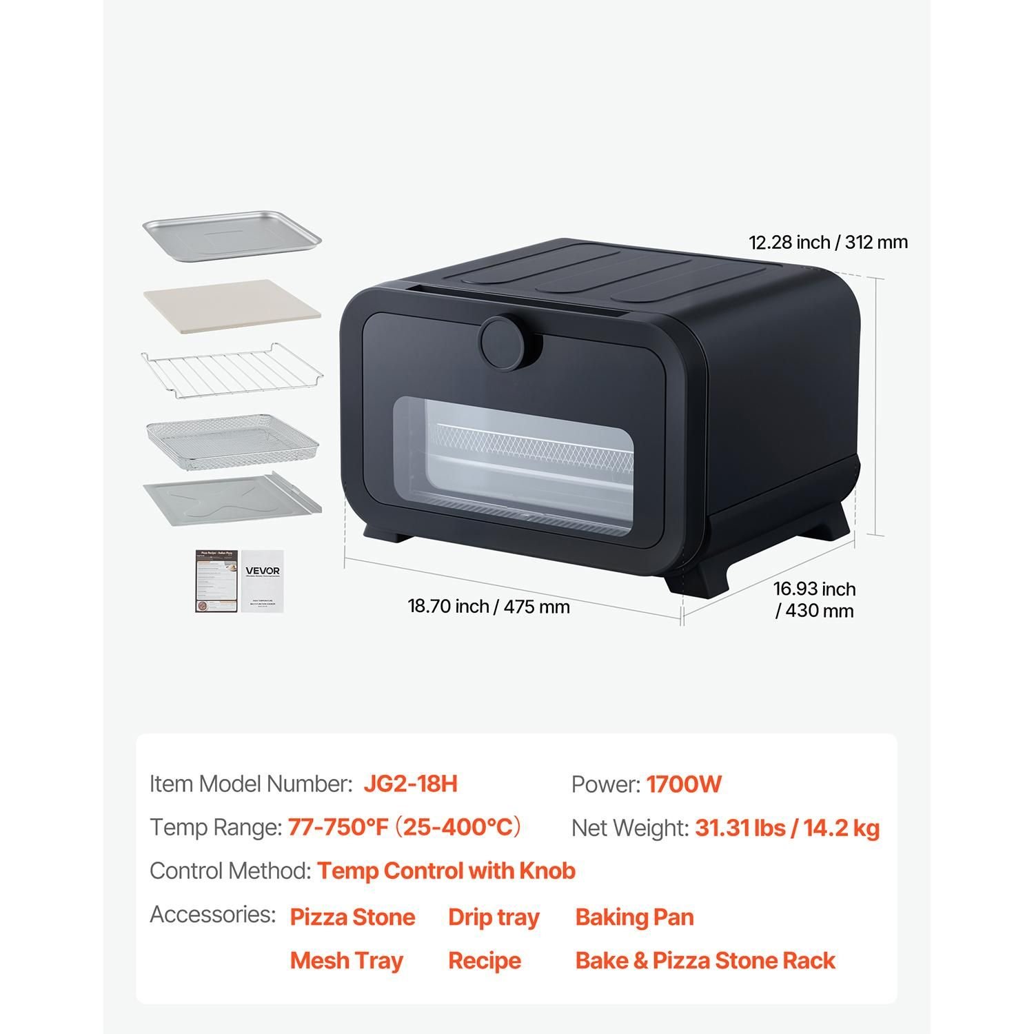 pizza oven, 8 presets electric pizza ovens air fry combo, 12 inch indoor pizza maker smart knob control , 750 fahrenheit max temp, ipx4 waterproof countertop pizza cooker w/pizza stone