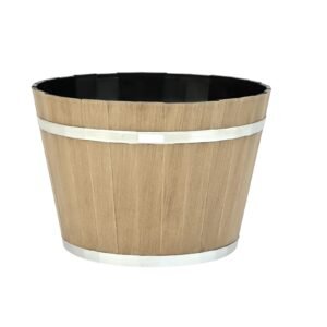plant pots, 4 pack 11.81 inch whiskey barrel planters with drainage holes, large outside plastic decoration flower pot imitation wine barrel design for indoor outdoor garden home plants, brown
