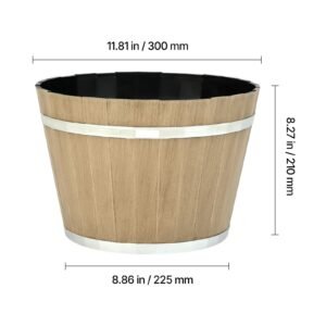 plant pots, 4 pack 11.81 inch whiskey barrel planters with drainage holes, large outside plastic decoration flower pot imitation wine barrel design for indoor outdoor garden home plants, brown