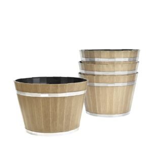 plant pots, 4 pack 11.81 inch whiskey barrel planters with drainage holes, large outside plastic decoration flower pot imitation wine barrel design for indoor outdoor garden home plants, brown
