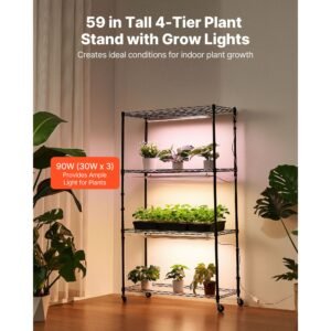 plant shelf with grow light, 4 tier indoor plant stand, 59in tall plants display rack with wheels, 90w 3 color full spectrum grow lights, heavy duty metal flower pot holder for seed starting