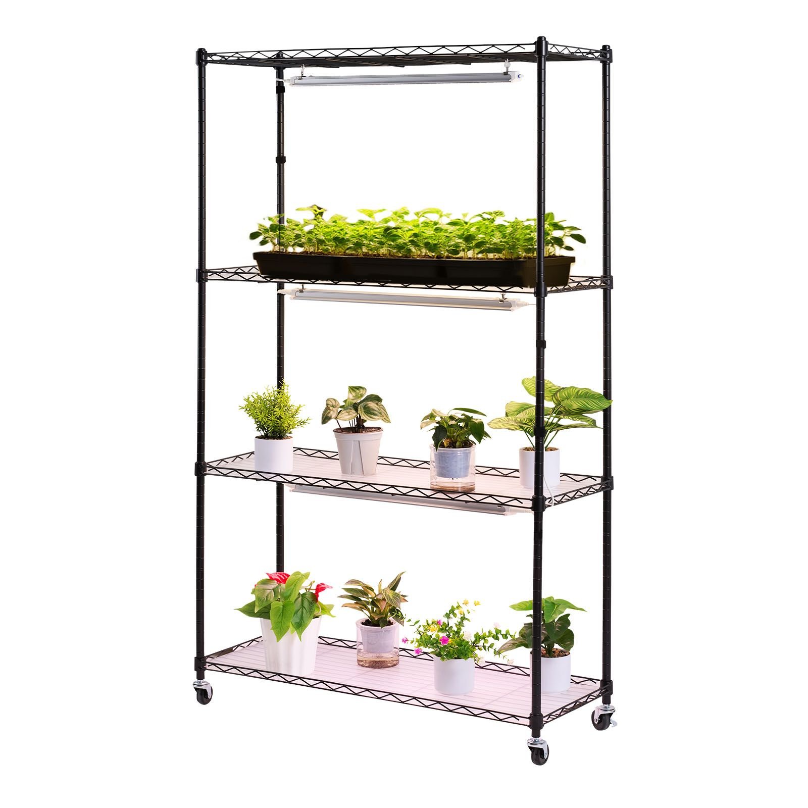 plant shelf with grow light, 4 tier indoor plant stand, 59in tall plants display rack with wheels, 90w 3 color full spectrum grow lights, heavy duty metal flower pot holder for seed starting