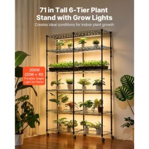 plant shelf with grow light, 6 tier double row plant stand, 71in tall indoor plants display rack with wheels & timer, 200w full spectrum grow lights, metal flower pot holder for seed starting