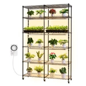 Plant Shelf with Grow Light, 6-Tier Double-Row Plant Stand, 71in Tall Indoor Plants Display Rack with Wheels & Timer, 200W Full Spectrum Grow Lights, Metal Flower Pot Holder for Seed Starting