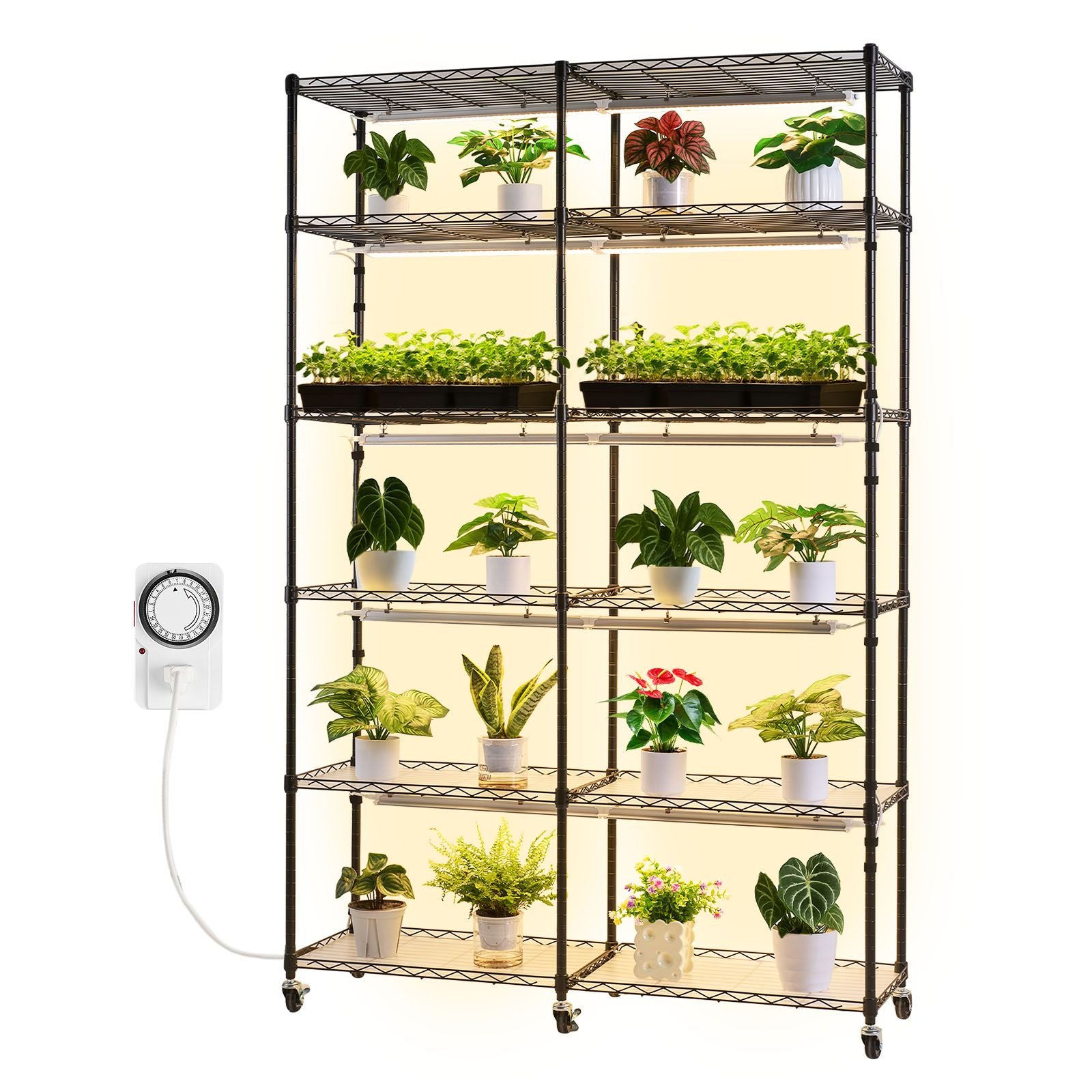 plant shelf with grow light, 6 tier double row plant stand, 71in tall indoor plants display rack with wheels & timer, 200w full spectrum grow lights, metal flower pot holder for seed starting