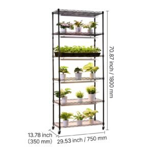 plant shelf with grow light, 6 tier indoor plant stand, 71in tall plants display rack with wheels & 4/9/14h timer, 150w 3 color full spectrum grow lights, flower pot holder for seed starting