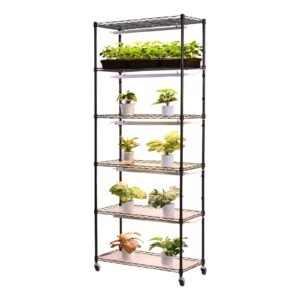 plant shelf with grow light, 6 tier indoor plant stand, 71in tall plants display rack with wheels & 4/9/14h timer, 150w 3 color full spectrum grow lights, flower pot holder for seed starting