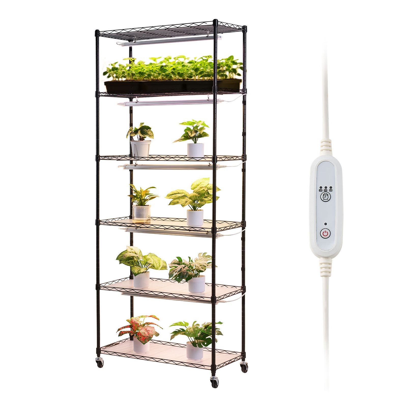 plant shelf with grow light, 6 tier indoor plant stand, 71in tall plants display rack with wheels & 4/9/14h timer, 150w 3 color full spectrum grow lights, flower pot holder for seed starting