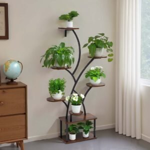 plant stand indoor with grow lights, 62 in tall 8 tier lighted plant shelf, metal corner plants holder, 3 timer & 10 brightness, tree shaped flower display rack for living room balcony decor