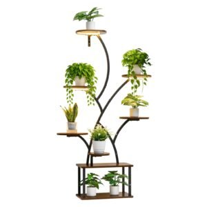 plant stand indoor with grow lights, 62 in tall 8 tier lighted plant shelf, metal corner plants holder, 3 timer & 10 brightness, tree shaped flower display rack for living room balcony decor